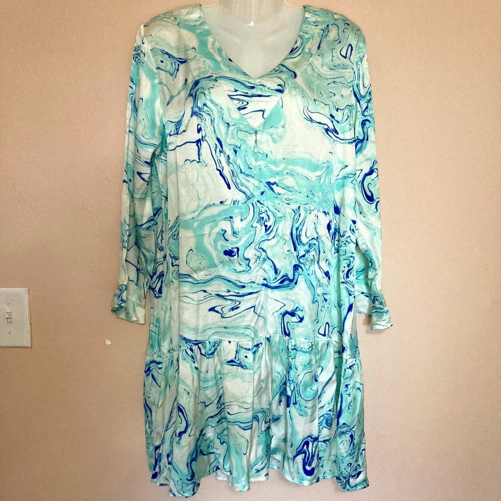 NWT Caryn Vallone Knee Length Dress Long Sleeve Blue Marble Swing Satin XS